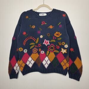 Vintage Cottage Core Granny Sweater Crewneck Embroidered Floral Argyle Sm Knit